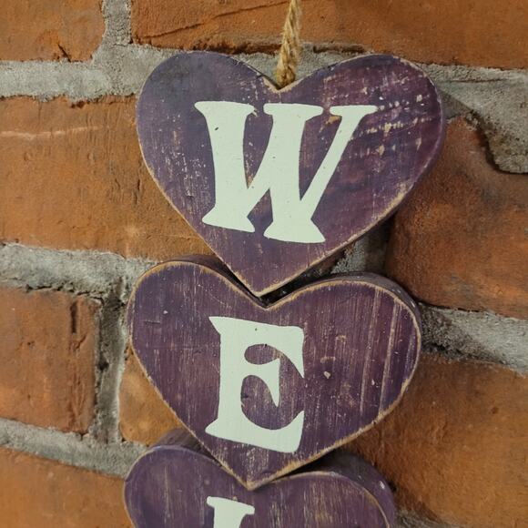 Primitive Country Wooden Heart "Welcome" Sign –Burgundy Folk Art Decor Farmhouse - Picture 2 of 5